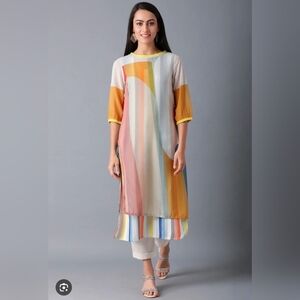 W For Woman Sheer Colorful Geometric Kurta Dress Cover Up Indian Women's Size 12